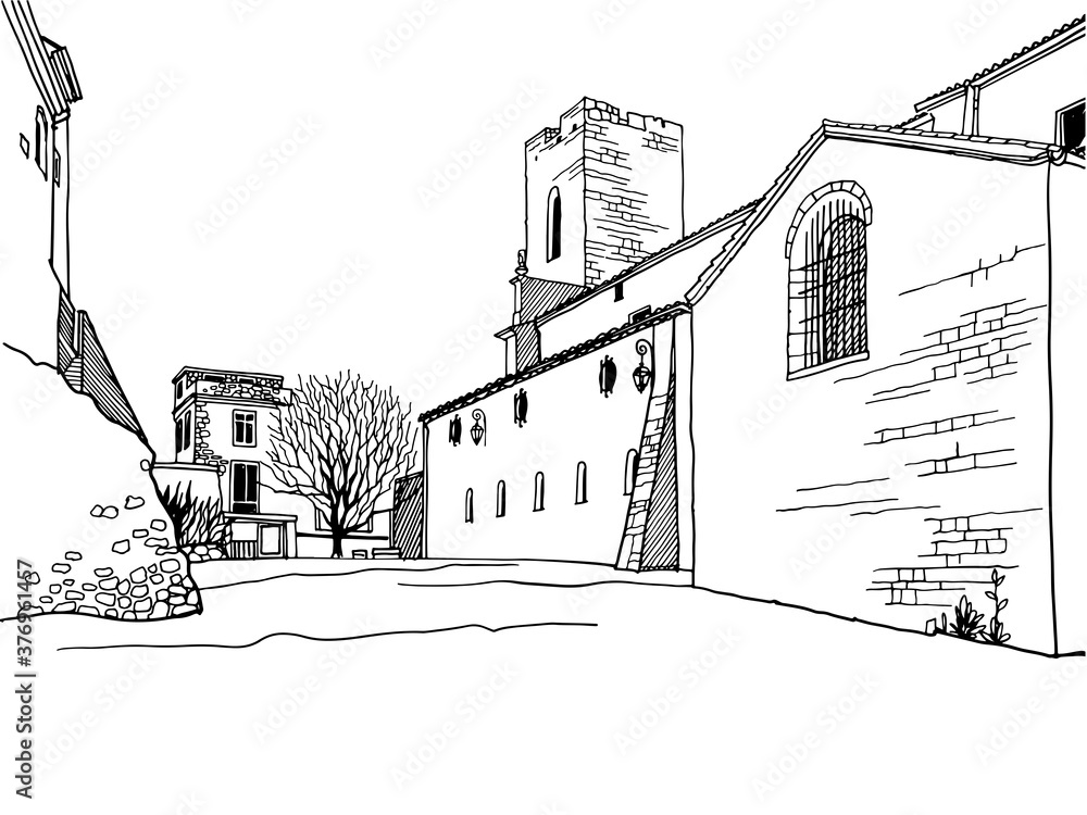 Old street of romantic Antibes, Provence, France. Nice European city. Urban landscape in hand drawn sketch style. Line art. Wall decor. Vector illustration.