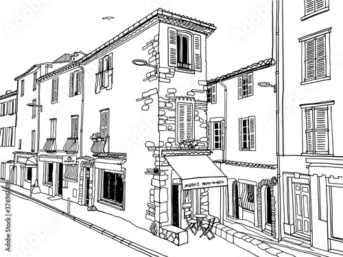 Old street of romantic Antibes  Provence  France. Nice European city. Urban landscape in hand drawn sketch style. Line art. Wall decor. Vector illustration.