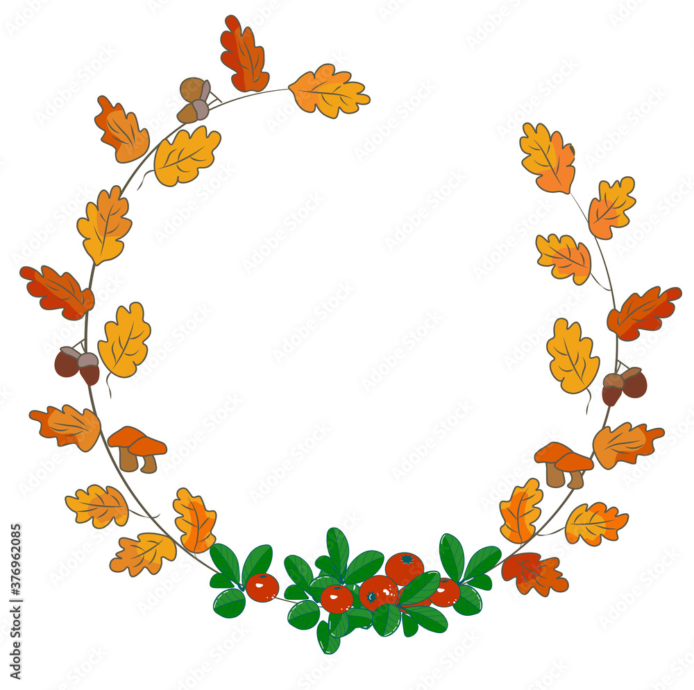 Vector stock illustration of an autumn wreath with falling oak leaves, nuts, acorns, wild berries, cranberries, mushrooms. The round frame is made of hand-drawn Botanical elements. Isolated on a white Vector stock illustration of an autumn wreath with falling oak leaves, nuts, acorns, wild berries, cranberries, mushrooms. The round frame is made of hand-drawn Botanical elements. Isolated on a white