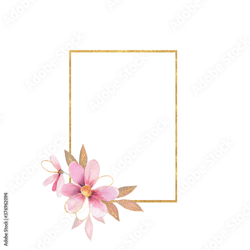 Design golden geometric print frame. Floral Wedding card decor. Element for design