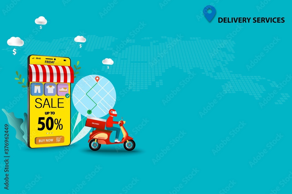 Concept of delivery services, scooter man is preparing to deliver the goods to customer that ordered from the application on mobile phone in green color background. Vector 3D design. Concept of delivery services, scooter man is preparing to deliver the goods to customer that ordered from the application on mobile phone in green color background. Vector 3D design.
