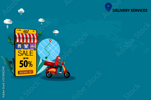 Concept of delivery services, scooter man is preparing to deliver the goods to customer that ordered from the application on mobile phone in green color background. Vector 3D design.