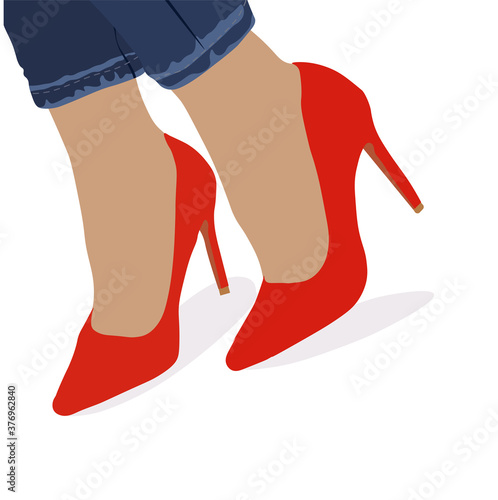 Vector stock illustration of women's feet in red high-heeled shoes. Sexy leather shoes. Youth jeans, street fashion. Girl. Poster. Space for text. Isolated on a white background.