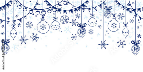 Seamless horizontal border with garlands, Christmas balls and snowflakes.