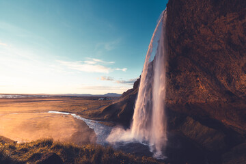 Seljalandfoss waterfall in sunset time, Iceland