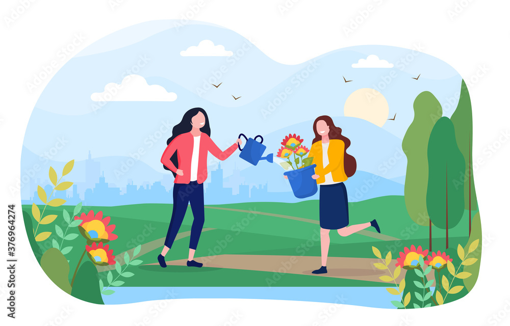 Ecological concept with two girls watering flowers in the meadow on the background of an urban landscape. Flat vector illustration