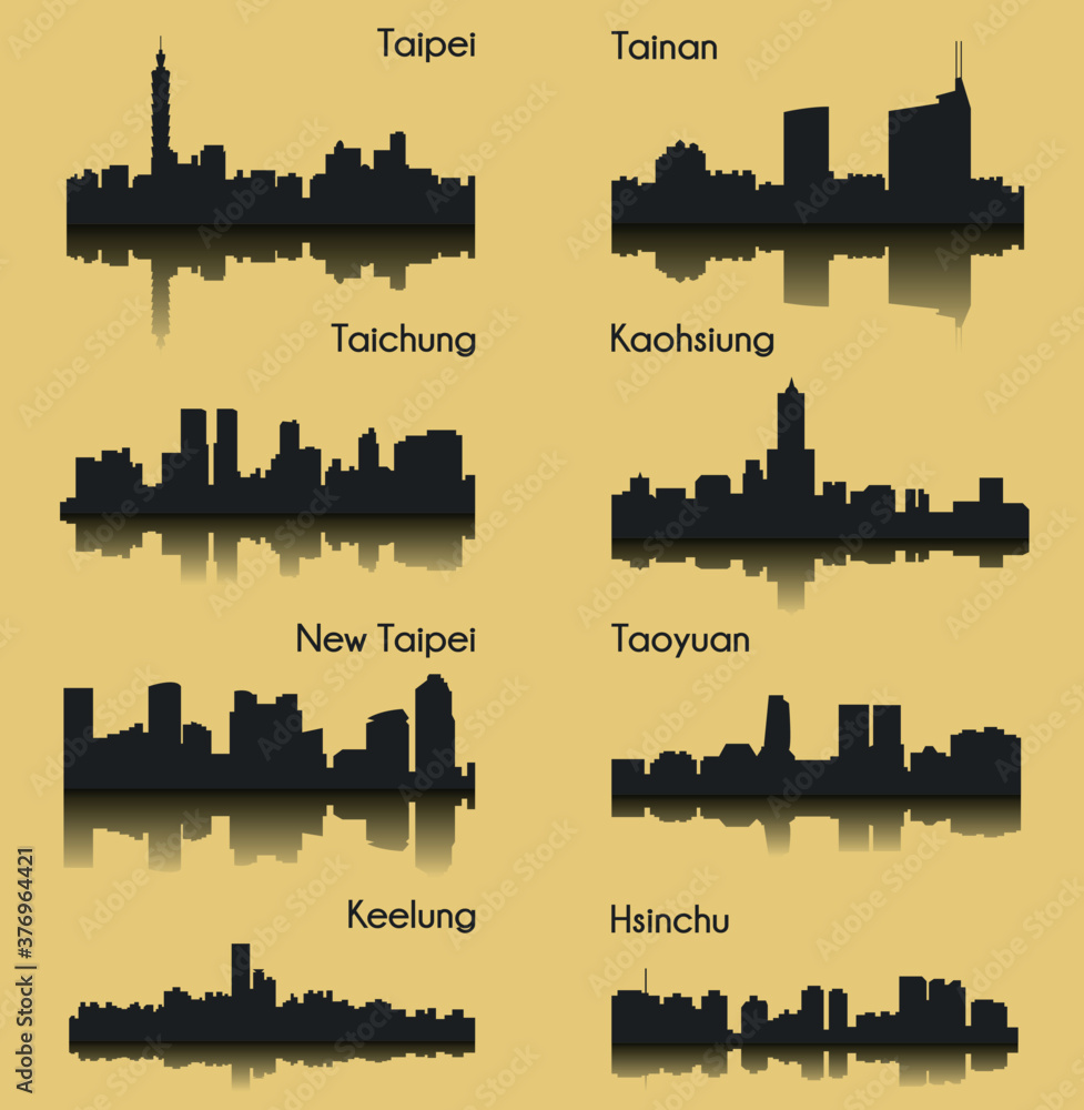 Obraz premium Set of 8 city silhouette in Taiwan ( Tainan, Hsinchu, Taoyuan, New Taipei, Keelung, Kaohsiung, Taipei, Taichung )