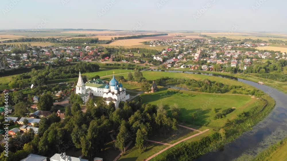 panorama of city Suzdal, Russia. Nativity Cathedral of Suzdal Kremlin and river view from above. panorama of city Suzdal, Russia. Nativity Cathedral of Suzdal Kremlin and river view from above.