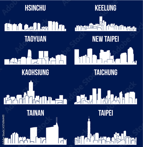 Set of 8 city silhouette in Taiwan ( Tainan, Hsinchu, Taoyuan, New Taipei, Keelung, Kaohsiung, Taipei, Taichung )