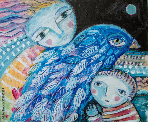 Mom and baby with a blue bird.Painting childhood. photo