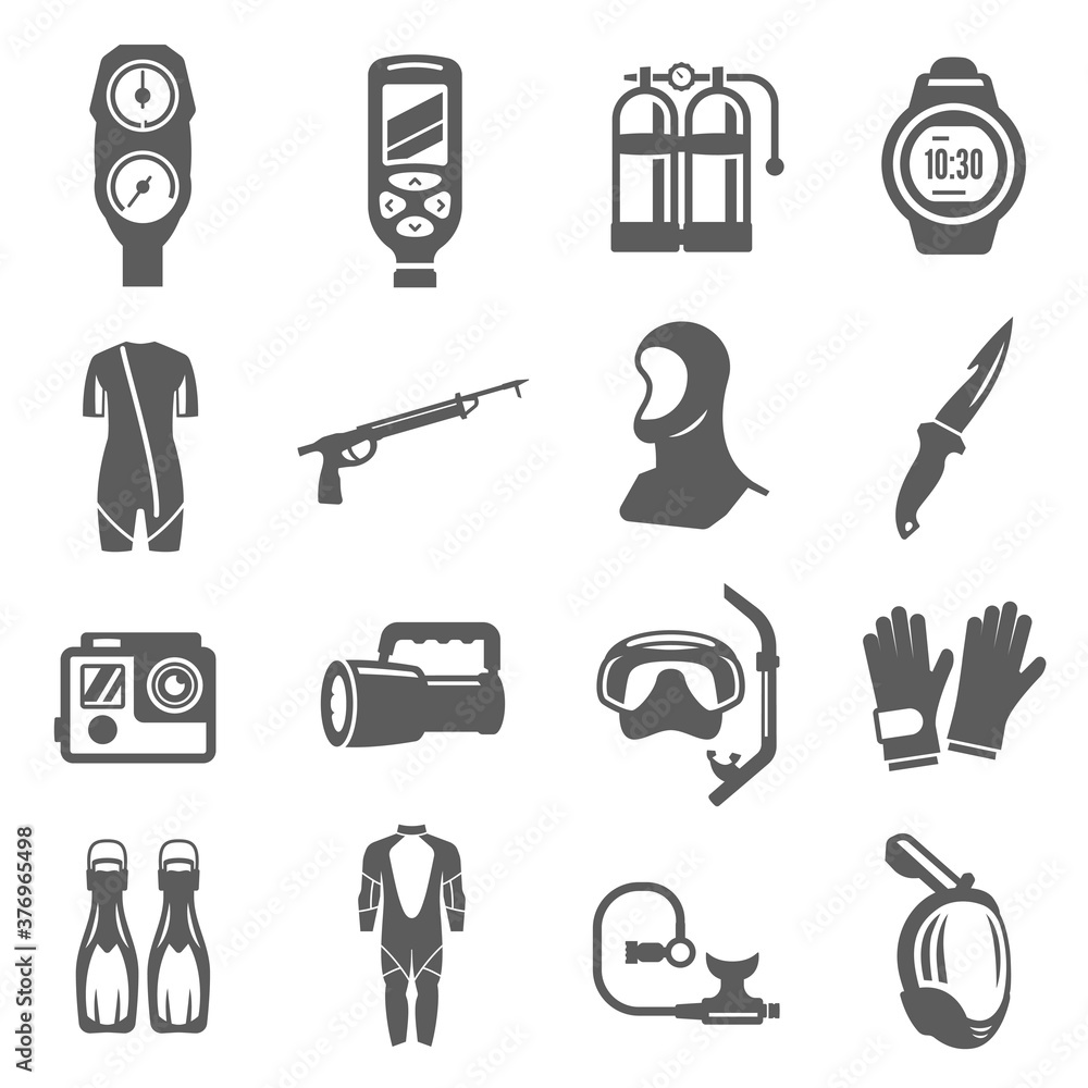 Diving equipment bold black silhouette icons set isolated on white. Underwater accessories. Diving equipment bold black silhouette icons set isolated on white. Underwater accessories.