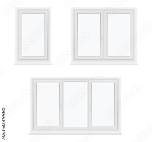 Windows plastic single, double, three leaf closed models realistic set. Glazing, installation concept.