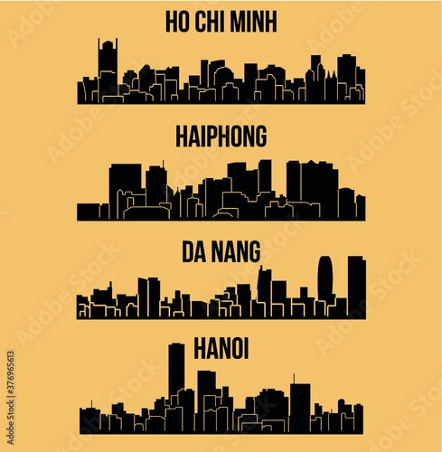 Set of 4 City silhouette in Vietnam ( Ho Chi Minh, Hanoi, Da Nang, Haiphong )