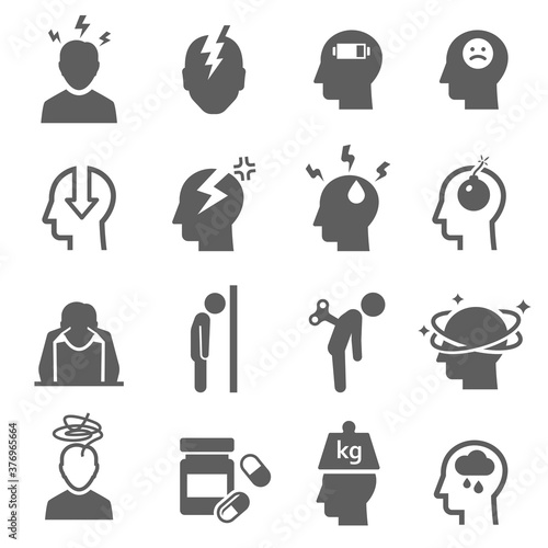 Stress, depression bold black silhouette icons set isolated on white. Nervous breakdown, heaviness.
