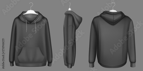 Hoody, black sweatshirt on hanger mock up front, side and back view. Isolated hoodie with long sleeves, kangaroo muff pocket and drawstrings. Sports, casual urban clothing, Realistic 3d vector mockup