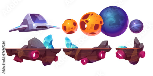 Space game platform, cartoon arcade isolated elements spaceship, flying rocks and alien planets for computer or mobile 2d gui design. Cosmos adventure, universe futuristic vector illustration set