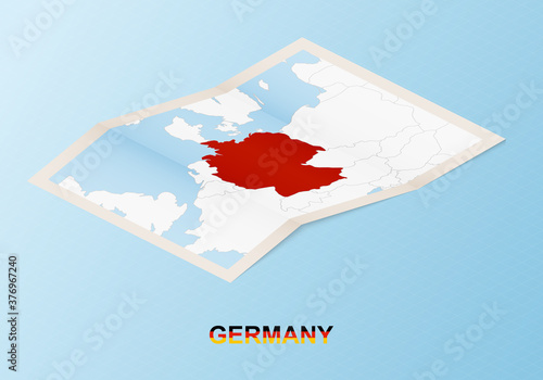 Folded paper map of Germany with neighboring countries in isometric style.