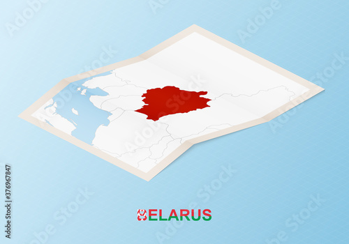 Folded paper map of Belarus with neighboring countries in isometric style.