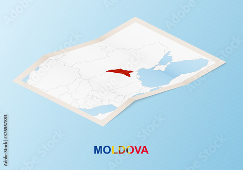 Folded paper map of Moldova with neighboring countries in isometric style.