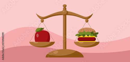 Weighing an apple and a cheeseburger on a scale. Libra, proper nutrition, health care, diet.