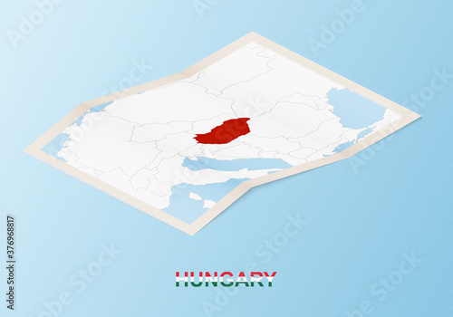 Folded paper map of Hungary with neighboring countries in isometric style.