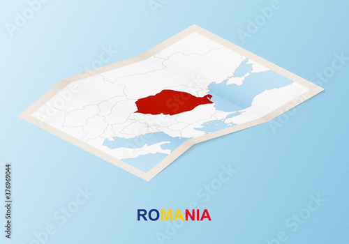 Folded paper map of Romania with neighboring countries in isometric style.