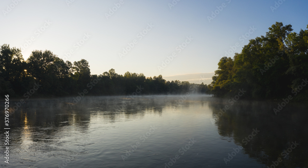 Aerial view of foggy Kupa river during an early morning, Sisak, Croatia. Aerial view of foggy Kupa river during an early morning, Sisak, Croatia.