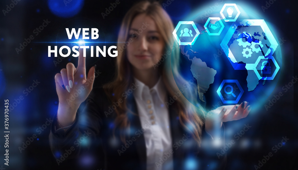 Business, Technology, Internet and network concept. Young businessman working on a virtual screen of the future and sees the inscription: Web hosting Business, Technology, Internet and network concept. Young businessman working on a virtual screen of the future and sees the inscription: Web hosting