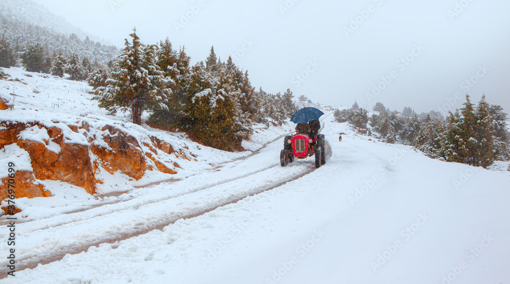Old red tractor on a snow-covered winter road Old red tractor on a snow-covered winter road