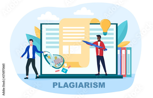 Creator writing an article and plagiarist or pirate stealing his ideas, content, work results. Concept of plagiarism and infringement of copyright. Flat vector illustration.