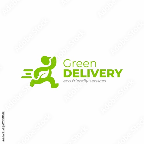 Eco delivery logo template. Sustainable delivery. Eco-friendly services logotype. Delivery man holding a leaf. Delivery vector logo.