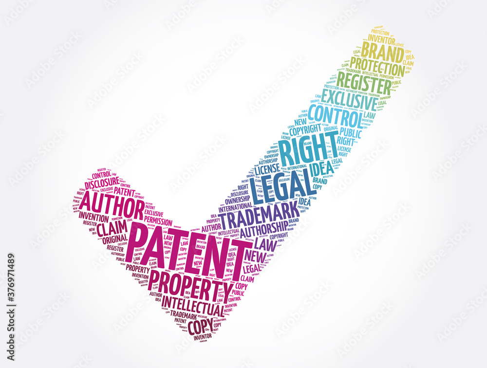 Patent check mark word cloud collage, concept background Patent check mark word cloud collage, concept background
