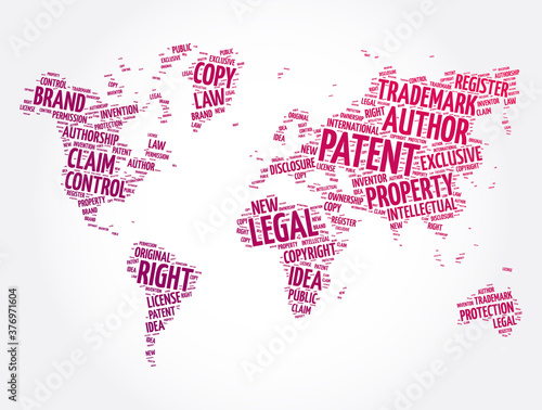 Patent word cloud in shape of world map, concept background