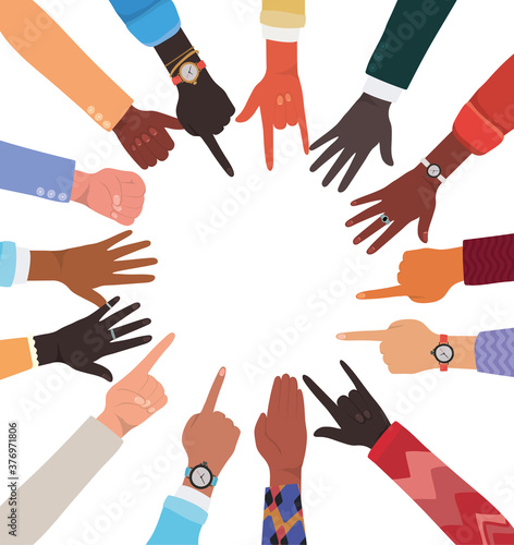 diversity of hands skin with different signs in circle vector design