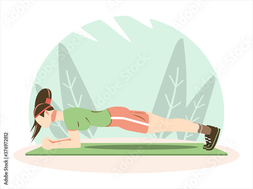 Woman doing plank exercise.  Young fit women doing pilates. Healthy lifestyle and Sport activities. Vector illustration of a girl working out. Slim Person doing fitness exercise.