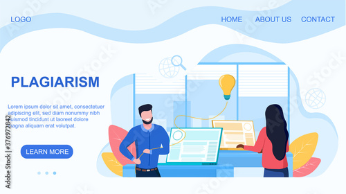 Abstract plagiarism concept. Man stealing the result of girls intellectual labor. Flat vector illustration. Web page template