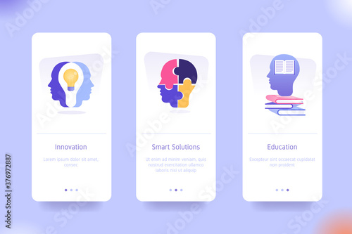 Application design set for Innovation, Smart Solutions and Education. UI on boarding screens design. Mobile app template. Modern vector illustrations for user interface