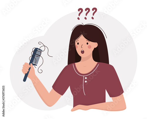 Flat vector illustration of alopecia, hair loss in young age, hair problems, baldness. A female with a comb in hand.