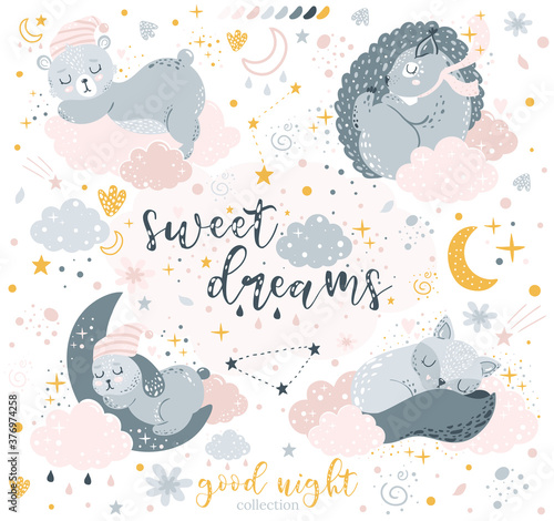 Sleeping wild animals. Vector illustration of bear, squirrel, bunny, fox, moon, stars and hearts. Good night and sweet dream collection.Little baby animals sleeping on moon and clouds. Trendy nursery