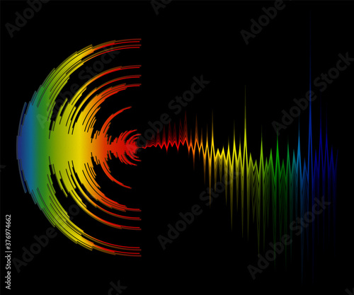 Abstract colorful music background with dynamic waves. Poster with neon rainbow sound wave design. Vector digital media waveform technology illustration