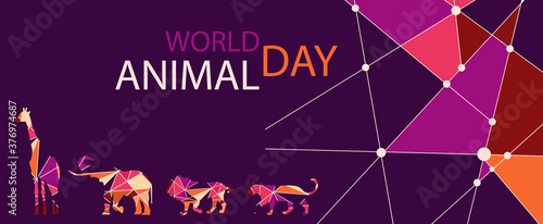 stylized poster Design for world animal day in trendy colors of autumn. Image of and wild animals silhouette in geometric style . EPS10
