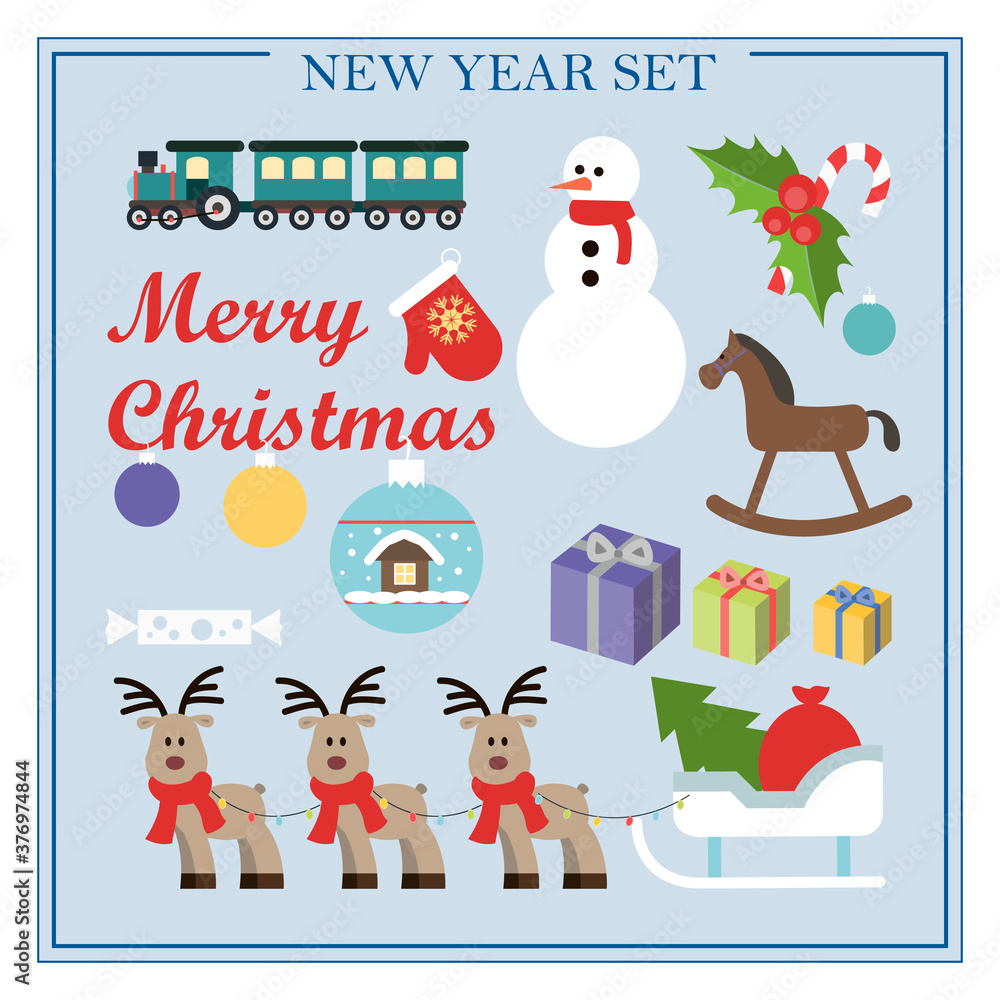 A set of flat illustrations for new year and Christmas. Vector set of isolated images snowman, sleigh, deer, gifts, train, Christmas toys, mittens, horse. Bright objects for a postcard, ad, sale, or A set of flat illustrations for new year and Christmas. Vector set of isolated images snowman, sleigh, deer, gifts, train, Christmas toys, mittens, horse. Bright objects for a postcard, ad, sale, or