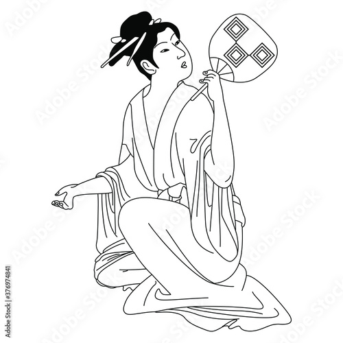 Seated Japanese woman in kimono holding fan or mirror. Traditional style. Black and white linear silhouette.
