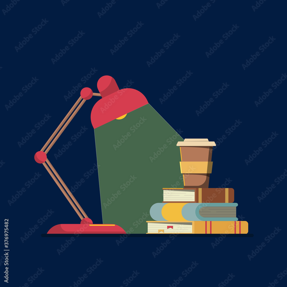 Flat vector illustration: night learning concept. Lamp at night. Concept of the night before the exam.