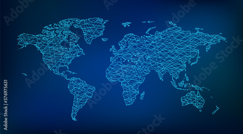 world map vector illustration. Global glowing blue connection map symbolizing international network, trade, digital technology, hightech, cyberspace or communication.