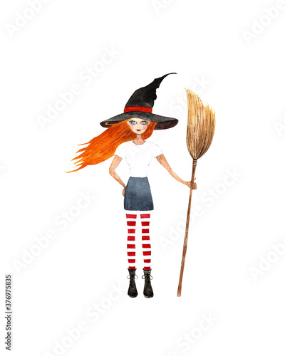 Witch with broom on white background. Watercolor illustration
