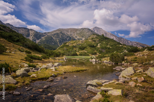 Panoramic view of mountain lake in Pirin mountains  Bulgaria.