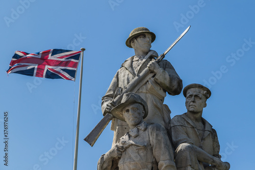 Union Jack behind the New Brighton War Memorial