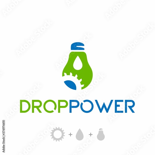 Water power logo - drop of water and Pelton wheel into a light bulb. Alternative energy source, industry, and ecology vector template.