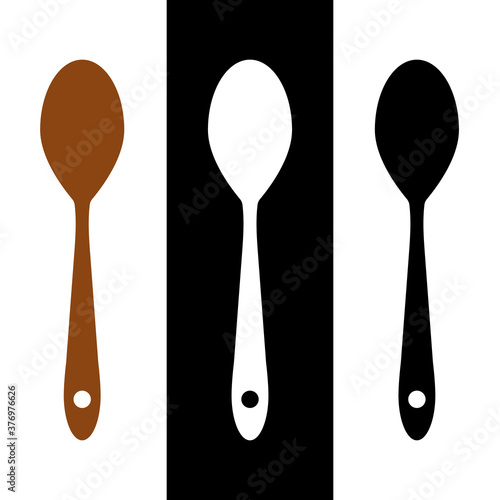 Wooden spoon vector icon black, white and natural wood color silhouette. Set of kitchen traditional stir for cooking and mixing simple illustration concept. Chef ladle design in flat front view V1
